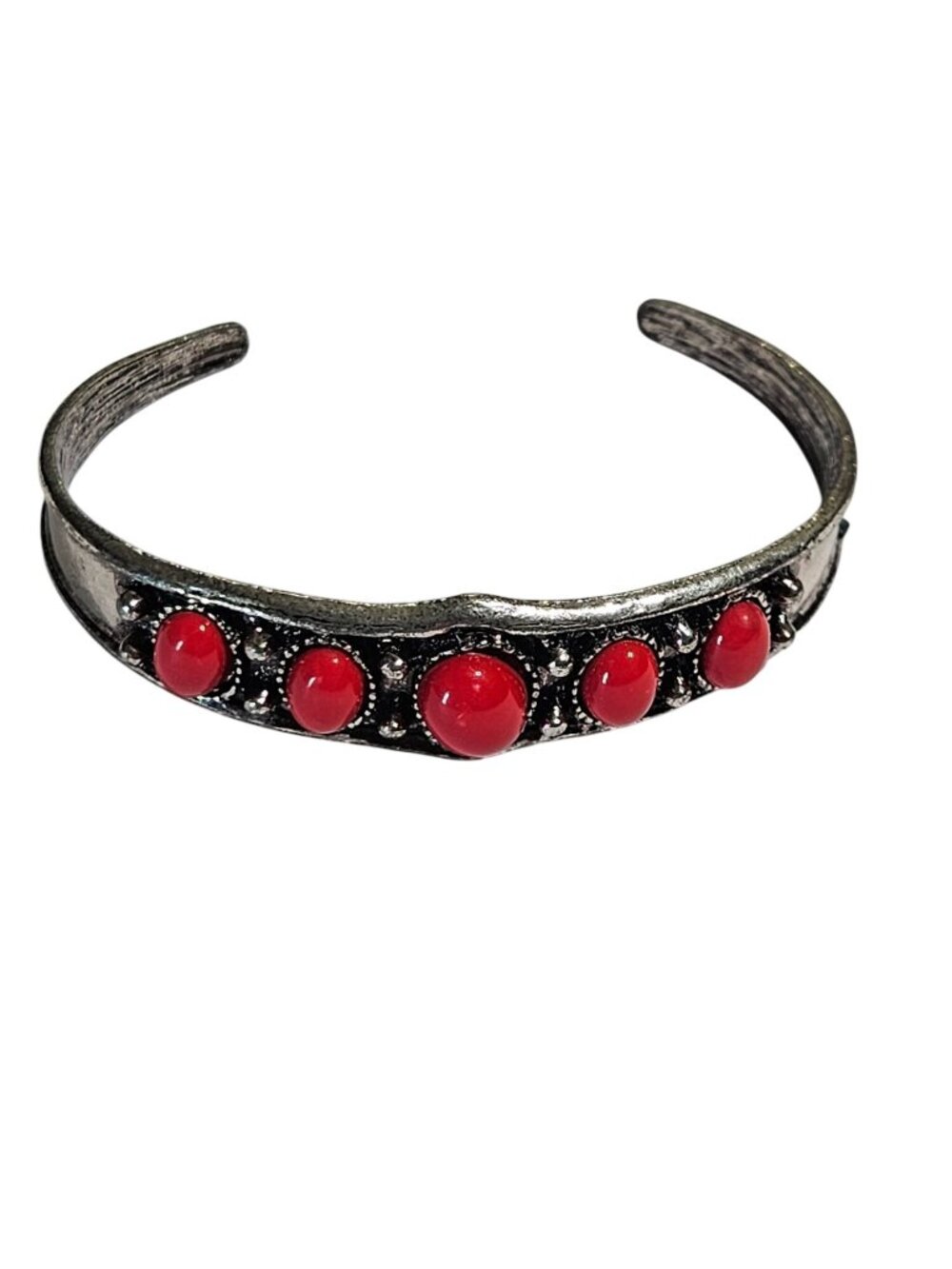 Southwestern Style Silvertone Cuff Bracelet Red Cabochons 7 inches